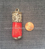 LARGE Ethnic Tribal Tibetan Coral Stick Pendant with Tibetan Silver Repousse Floral Repousse Caps - Handmade Red Coral Pendant - WM7445A