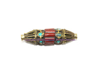 1 BEAD LARGE Quality Ethnic Tribal Tibetan Long BiCone Beads with Brass, Turquoise, Coral Inlays - Handmade Tibetan Beads - B3506-1