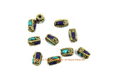 2 BEADS Tibetan Lapis, Turquoise, Brass Inlay Tube Beads - Tibetan Beads Tribal Beads - 8mm x 12mm Handmade Tube Inlay Beads - B3455-2
