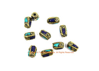 10 BEADS Tibetan Lapis, Turquoise, Brass Inlay Tube Beads - Tibetan Beads Tribal Beads - 8mm x 12mm Handmade Tube Inlay Beads - B3455-10