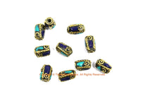 4 BEADS Tibetan Lapis, Turquoise, Brass Inlay Tube Beads - Tibetan Beads Tribal Beads - 8mm x 12mm Handmade Tube Inlay Beads - B3455-4