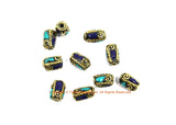 10 BEADS Tibetan Lapis, Turquoise, Brass Inlay Tube Beads - Tibetan Beads Tribal Beads - 8mm x 12mm Handmade Tube Inlay Beads - B3455-10