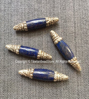 2 BEADS BIG Long Lapis Lazuli Beads with 92.5 Sterling Silver Caps - Ornate Silver Floral Design Caps & Gemstone Beads Lapis Beads - B3355-2
