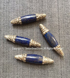 2 BEADS BIG Long Lapis Lazuli Beads with 92.5 Sterling Silver Caps - Ornate Silver Floral Design Caps & Gemstone Beads Lapis Beads - B3355-2