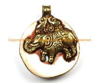 Ethnic Tribal Tibetan Naga Conch Shell Disc Pendant with Repousse Brass Monkey & Elephant Details - WM7178