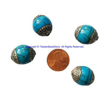4 BEADS - BIG Tibetan Blue Crackle Resin Beads With Tibetan Silver Caps - Tibetan Beads - Ethnic Beads - B698B-4