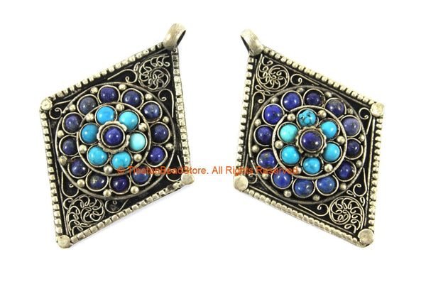 Tibetan Pendant Ethnic Filigree Diamond Kite-shape Nepal Tibetan Pendant with Lapis, Turquoise Bead Inlays - Handmade Jewelry - WM7712