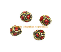 4 BEADS Tibetan Ethnic Beads Coral, Brass Inlay Beads - Red Beads 9mm x 10mm Tibetan Beads - Handmade Inlay Beads - B3509-4