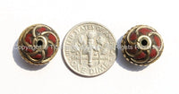 4 BEADS - Tibetan Floral Beads with Brass, Coral Inlays - Tibetan Beads - Floral Tibetan Brass Inlay Beads - B2596-4