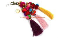Luxury Pom Pom Tassels - Handmade Multi-colored Pom Pom Long Silk Tassels with Spring Clip - Boho Long Tassels - Bag Tassels - BK26W