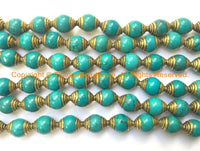 2 BEADS - Tibetan Turquoise Beads with Brass Caps - Ethnic Nepal Tibetan Beads - B1000-2