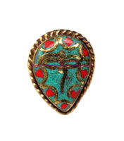 Handmade Tibetan Buddha Wisdom Eyes Design Ring with Turquoise, Coral Inlays - Ethnic Ring Boho Ring Nepal Ring Statement Ring- R323