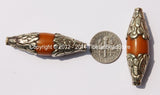 Amber Copal Resin Bicone Beads with Repousse Tibetan Silver Caps - 1 Bead - Tibetan Ethnic Handmade Beads - B1978-1