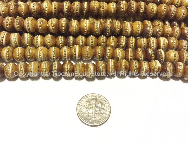10 BEADS - Antiqued Bone Tibetan Beads with Brass Inlays -Ethnic Tibetan Beads - LPB88A-10