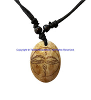 Buddha Eyes Wisdom Eyes Design Carved Bone Pendant Necklace on Adjustable Cord - Handmade Boho Yoga Jewelry - HC166AK