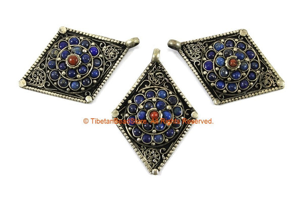 Ethnic Filigree Diamond Kite-shape Nepal Tibetan Pendant with Lapis, Coral Bead Inlays - Ethnic Handmade Jewelry - WM7707