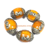 1 BEAD LARGE Tibetan Amber Copal Resin Bead with Tibetan Silver Caps & Vajra Details - Tibetan Beads - B695-1