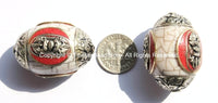 1 BEAD - LARGE Tibetan White Crackle Resin Bead with Auspicious Conch & Coral Inlay - LARGE Tibetan Focal Bead - B2045-1