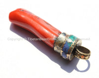 Tibetan Coral Stick Pendant with Brass Cap, Turquoise & Lapis Inlays - Ethnic Nepal Tibetan Coral Horn Stick Jewelry - WM6079