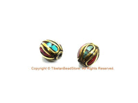 10 BEADS Turquoise, Coral, Brass Inlaid Beads - Tibetan Beads Inlaid Beads Tribal Beads - Handmade Beads - TibetanBeadStore - B3235F-10