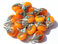 Reversible Ethnic Tibetan Amber Copal Resin Pendant with Tibetan Silver Wire Cap, Brass, Turquoise & Copal Inlays - WM3749