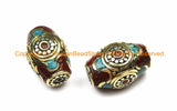 2 BEADS - Tibetan Thick Bicone Beads with Brass, Turquoise & Coral Inlays - Rectangular Box Bicone Barrel Drum Shape Beads - B3134-2