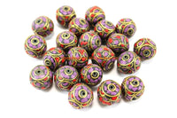 2 BEADS Thick Tibetan Floral Beads with Purple Howlite & Coral Inlays Roundelle Rondelle - Ethnic Nepal Tibetan Beads - B3335-2