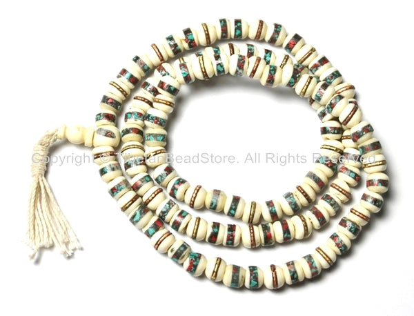 10mm Tibetan White Bone Mala Prayer Beads with Turquoise & Coral Inlays- Tibetan White Bone Mala Beads - PB12