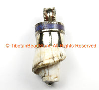 Tibetan Twisted Spiral Solid Naga Conch Shell Pendant with Lapis Inlay Metal Cap- Boho Ethnic Tribal Amulet- TibetanBeadStore - WM7196B