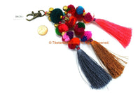 Luxury Pom Pom Tassels - Handmade Multi-colored Pom Pom Tassels with Spring Clip - Boho Long Tassels - Silk Tassels Bag Tassels - BK26H
