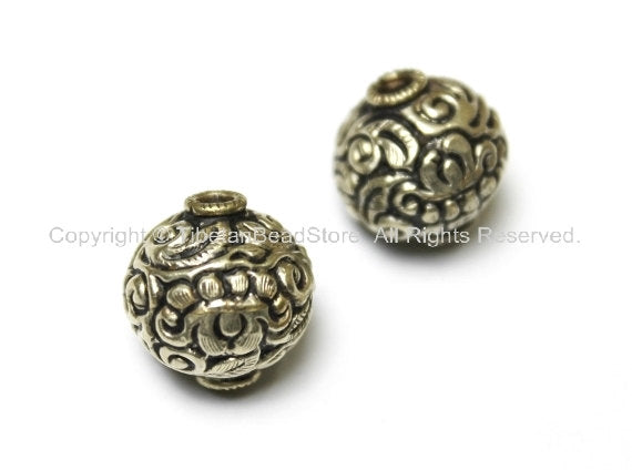 1 Bead - Tibetan Filigree Floral Metal Bead - Floral Round Silver Plated Metal Filigree Carved Focal Bead - Nepal Tibetan Beads - B1224-1