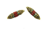 2 BEADS LARGE Quality Ethnic Tribal Nepal Tibetan Long BiCone Beads with Brass, Turquoise, Coral Inlays - Handmade Tibetan Beads - B3465-2