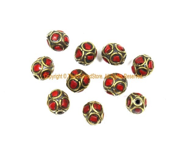10 BEADS Tibetan Ethnic Beads Coral, Brass Inlay Beads - Red Beads 9mm x 10mm Tibetan Beads - Handmade Inlay Beads - B3509-10