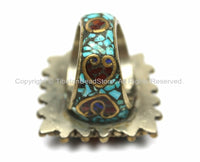 LARGE Ethnic Tribal Tibetan Ring with Turquoise, Coral Inlays (SIZE 10.5)- Tibet Ring Handmade Tibetan Jewelry by TibetanBeadStore- R8-10.5