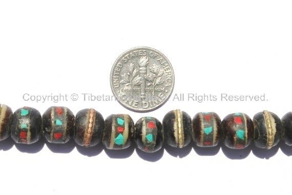 50 BEADS 10mm Size Black Bone Inlaid Tibetan Beads with Turquoise & Coral Inlays - 9mm-10mm - LPB10-50