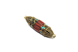 2 BEADS LARGE Quality Ethnic Tribal Nepal Tibetan Long BiCone Beads with Brass, Turquoise, Coral Inlays - Handmade Tibetan Beads - B3465-2