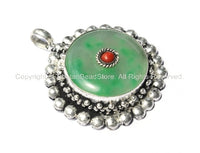 Tibetan Green Jade Pendant with Coral Accent - Ethnic Jewelry Handmade Tibetan Jewelry - WM2257