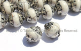 2 beads - Tibetan White Crackle Resin Copal Beads with Repousse Tibetan Silver Caps - B2015-2