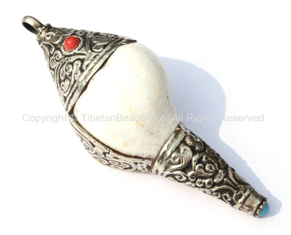 Unique Ethnic Tibetan Conch Shell Pendant with Repousse Filigree Carved Floral Detail Tibetan Silver Caps, Turquoise & Coral Inlays - WM4988