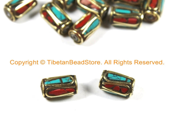 2 BEADS Tibetan Turquoise, Coral & Brass Inlay Beads- Nepalese Beads Tibet Beads Tribal Beads Nepal Beads TibetanBeadStore - B3025-2