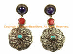 OOAK LARGE Ethnic Tibetan Floral Earrings with Turquoise, Amethyst & Resin Inlays - Handmade TibetanBeadStore Custom Designs - E14B