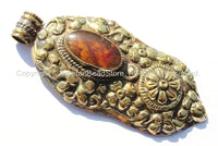 LARGE LONG Unique Ethnic Tibetan Amber Inlaid Repousse Hand Carved Brass Pendant with Turquoise Accent with Lotus Floral Details - WM4580