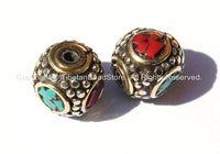2 beads - Tibetan Studded Cube Box Beads with Brass, Tibetan Silver, Turquoise & Coral Inlays - Ethnic Nepal Tibet Tribal Beads - B1945-2