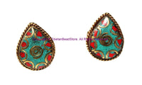 Handmade Tibetan Spiral Design Ring with Turquoise, Coral Inlays - Ethnic Ring Boho Ring Nepal Ring Statement Ring- R322