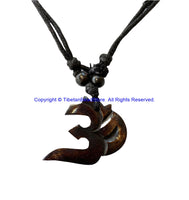 Sanskrit OM Mantra Design Carved Bone Pendant Necklace on Adjustable Cord with Bead Accents - Boho Yoga Jewelry - HC166W