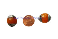 2 BEADS - BIG Tibetan Amber Color Resin Beads With Tibetan Silver Caps - Tibetan Beads - Ethnic Beads - B1255B-2