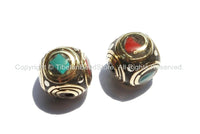 2 BEADS - Tibetan Cube Beads with Brass, Turquoise & Coral Inlays - B2372-2