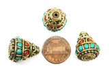 4 BEADS Tibetan Thick Cone Beads with Brass, Turquoise & Coral Inlays- TibetanBeadStore Handmade Ethnic Nepal Tibetan Beads- Cone -B2776-4