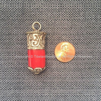 Ethnic Tribal Tibetan Coral Stick Pendant with Tibetan Silver Repousse Floral Repousse Caps - 16mm x 44mm - Red Coral Pendant - WM7445E