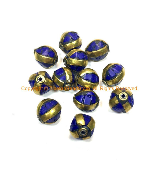 Tibetan Beads - 10 BEADS Lapis and Brass Inlaid Beads - Ethnic Handmade Beads - Gemstone Inlaid Beads from Nepal - B3235B-10